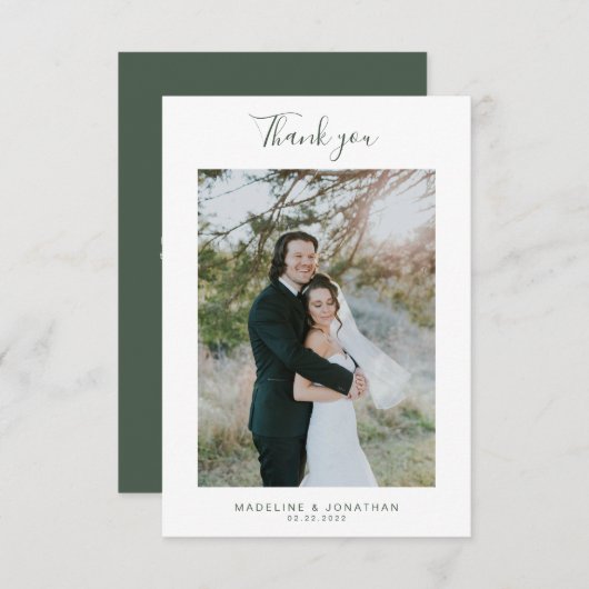 Carte De Remerciements Simple Dark Green Elegant Script Mariage photo (Devant / Derrière)