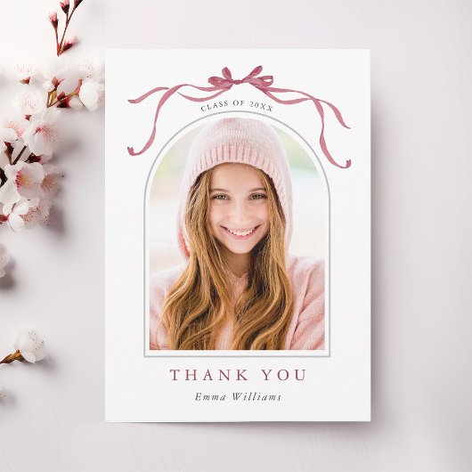 Carte De Remerciements Simple Deep Blush Bow Graduation Photo