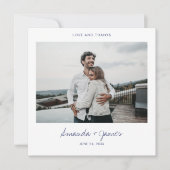 Carte De Remerciements Simple Design Moderne Bleu Script Mariage Photo Le (Devant)