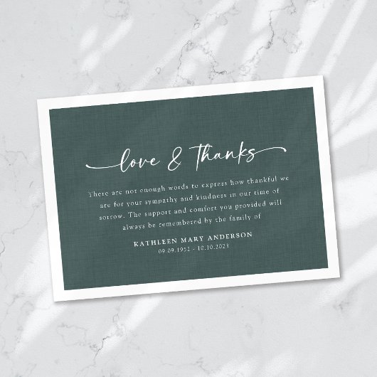 Carte De Remerciements Simple Effet de lin vert foncé de script