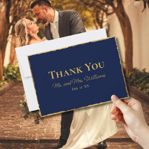 Carte De Remerciements Simple Elegance Marine Blue Luxe Gold Edge Mariage