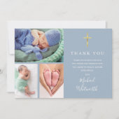 Carte De Remerciements Simple Elegant 3 Photo Signature Script Baptême (Devant)