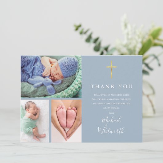 Carte De Remerciements Simple Elegant 3 Photo Signature Script Baptême (Debout devant)
