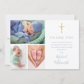 Carte De Remerciements Simple Elegant 3 Photo Signature Script Baptême (Devant)