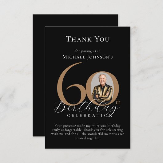 Carte De Remerciements Simple Elegant Black Gold Photo 60e anniversaire (Devant / Derrière)