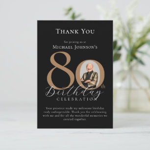 Carte De Remerciements Simple Elegant Black Gold Photo 80e anniversaire