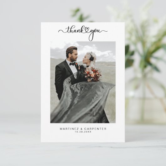 Carte De Remerciements Simple Elegant Black Heart Script Mariage photo (Debout devant)