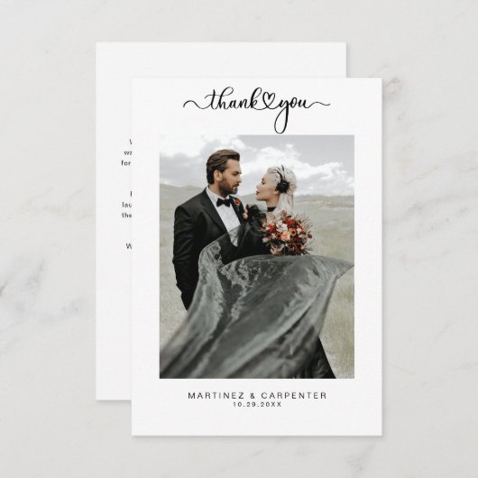 Carte De Remerciements Simple Elegant Black Heart Script Mariage photo (Devant / Derrière)