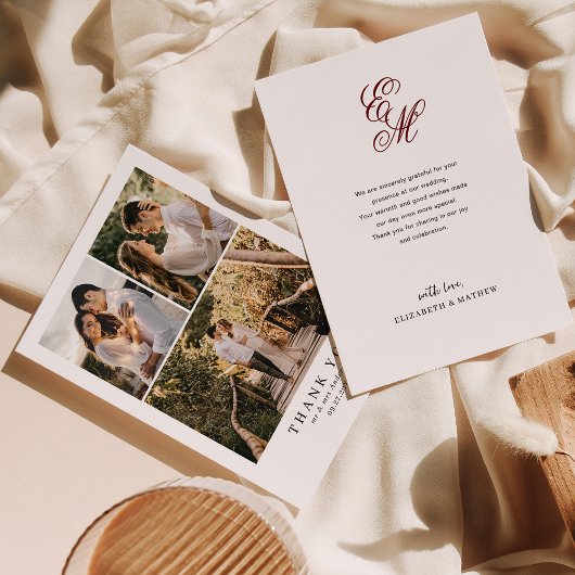 Carte De Remerciements Simple Elegant Bourgogne Rouge Monogramme Mariage 