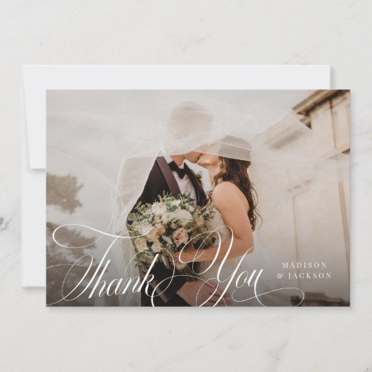 Carte De Remerciements Simple Élégant Mariage Horizontal Photo Script (Devant)