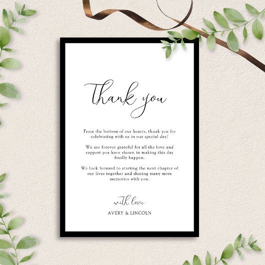 Carte De Remerciements Simple Élégant Mariage Script Bordure Noir & Blanc