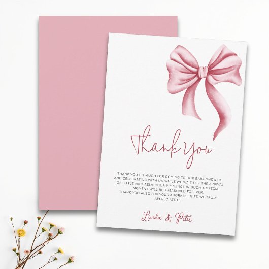 Carte De Remerciements Simple Elegant Pink Bow Baby Shower