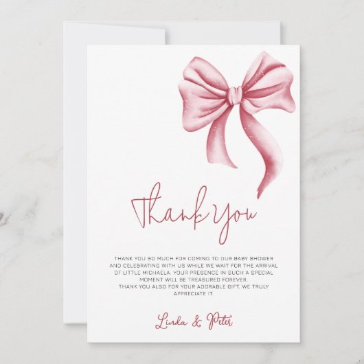 Carte De Remerciements Simple Elegant Pink Bow Baby Shower (Devant)