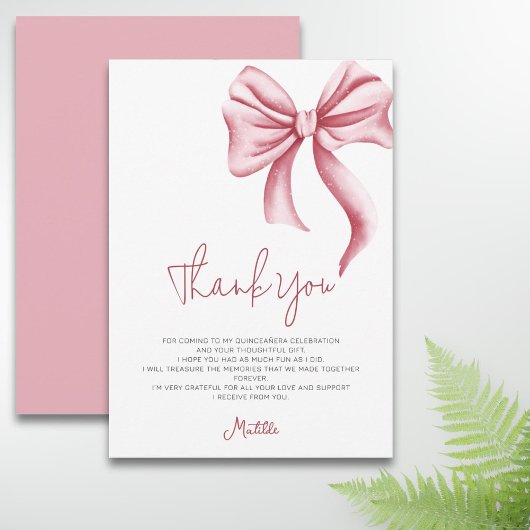Carte De Remerciements Simple Elegant Pink Bow Quinceanera