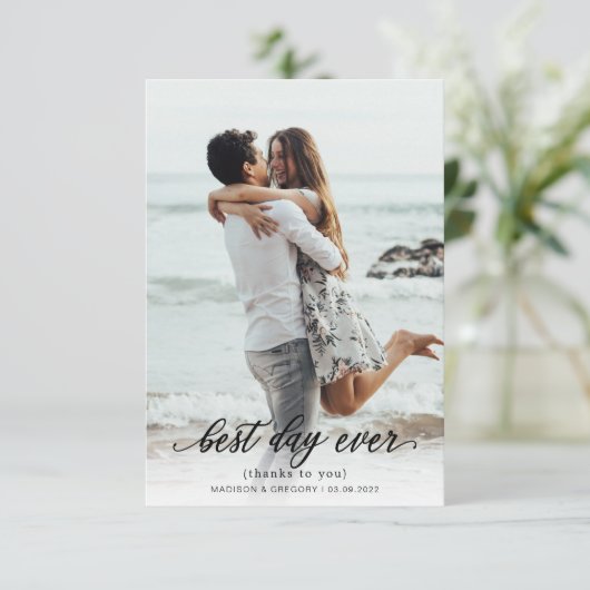 Carte De Remerciements Simple Élégant Script Best Day Ever Mariage photo (Debout devant)