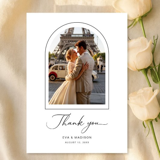 Carte De Remerciements Simple Elegant Script Destination Wedding Photo