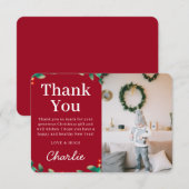 Carte De Remerciements Simple Festive Holly Photo de Noël | Red (Devant / Derrière)