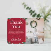 Carte De Remerciements Simple Festive Holly Photo de Noël | Red (Debout devant)