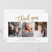 Carte De Remerciements Simple Gold Script 3 Photo Baby (Devant / Derrière)