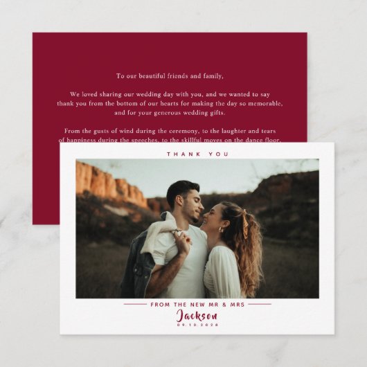 Carte De Remerciements Simple Mariage Photo Burgundy (Devant / Derrière)