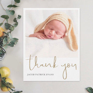 Carte De Remerciements Simple Modern Gold Script Photo Baby Cadeau