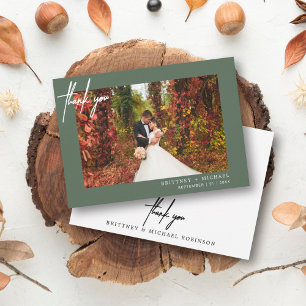 Carte De Remerciements Simple moderne Photo Sage Mariage vert