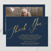 Carte De Remerciements Simple Navy & Gold Calligraphy Funérailles (Devant / Derrière)