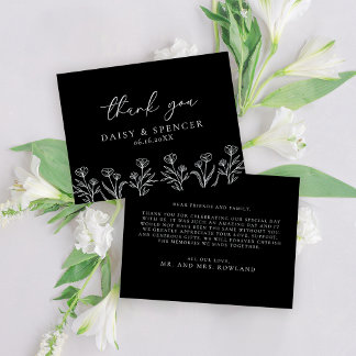 Carte De Remerciements Simple Noir moderne Floral Outline Mariage plat