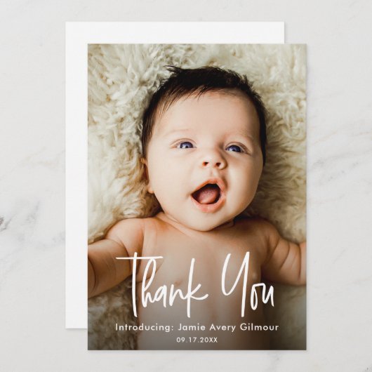 Carte De Remerciements Simple Photo de Bébé Calligraphie Main Naissance & (Devant / Derrière)