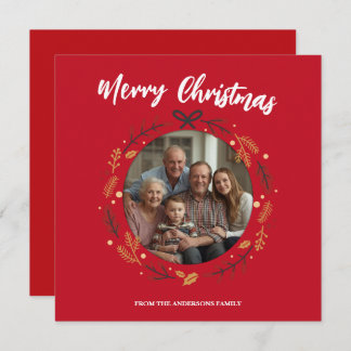 Carte De Remerciements Simple red Christmas Wreath Photo Family name
