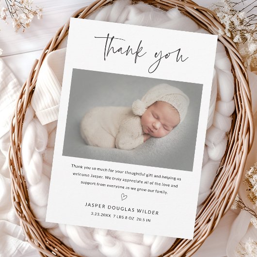Carte De Remerciements Simple Script Black and White Baby Photo