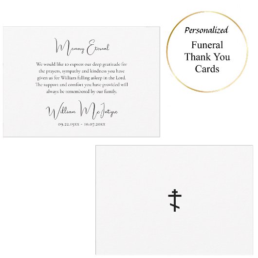 Carte De Remerciements Simple Script Black White Orthodox Funeral        