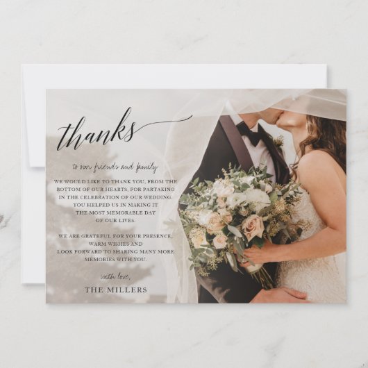 Carte De Remerciements Simple Script Élégant Mariage Photo manuscrit Le (Devant)