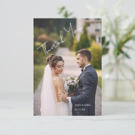 Carte De Remerciements Simple Script Mariage Moderne Photo Remerciements (Debout devant)