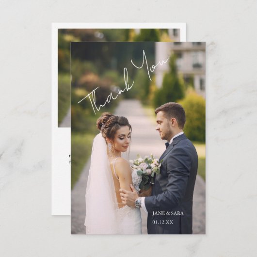 Carte De Remerciements Simple Script Mariage Moderne Photo Remerciements (Devant / Derrière)