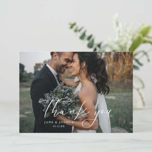 Carte De Remerciements Simple Script Moderne Mariage paysage photo (Debout devant)