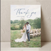 Carte De Remerciements Simple Script Moderne Photo Mariage Bleu