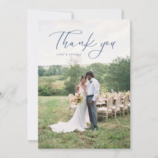 Carte De Remerciements Simple Script Moderne Photo Mariage Bleu (Devant)