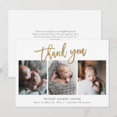 Carte De Remerciements Simple Script Or 3 Photo Bébé (Devant / Derrière)