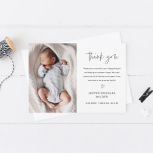 Carte De Remerciements Simple Script Photo de bébé en noir et blanc