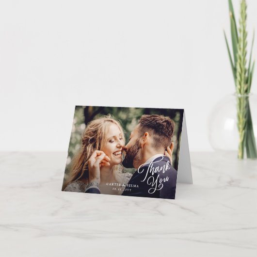 Carte De Remerciements Simple Script Photo Mariage (Devant)