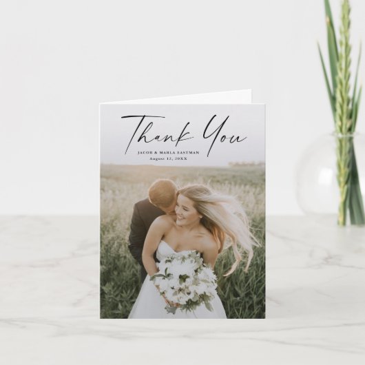 Carte De Remerciements Simple Script Photo Mariage (Devant)