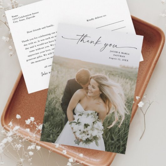 Carte De Remerciements Simple Script Photo Mariage
