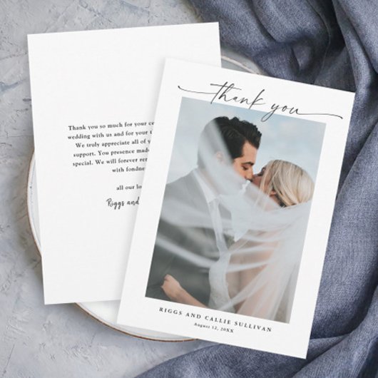 Carte De Remerciements Simple Script Portrait Photo de mariage