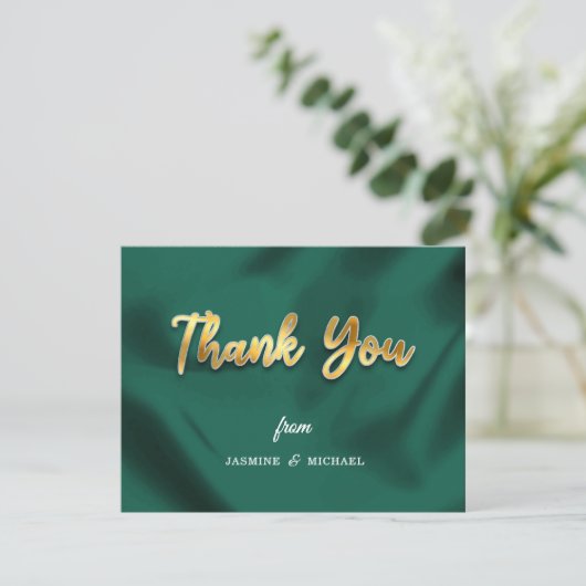 Carte De Remerciements Simple Wedding Emerald Green & Gold Script Classic (Debout devant)