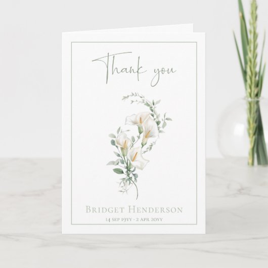 Carte De Remerciements Simple White Calla Lily Eucalyptus Sympathy (Devant)