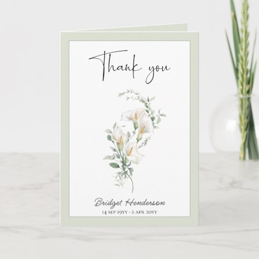Carte De Remerciements Simple White Calla Lily Eucalyptus Sympathy (Devant)