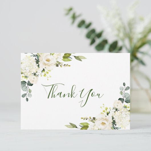 Carte De Remerciements Simplement Eucalyptus Roses Blanches Flore (Debout devant)