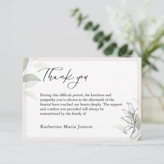 Carte De Remerciements Simples Script de verdure Sympathy Funeral (Debout devant)