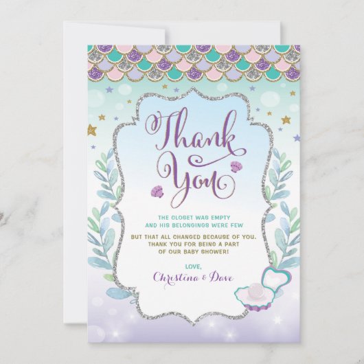 Carte De Remerciements Sirène Sous la Mer Océan Fête de Bébé (Devant)